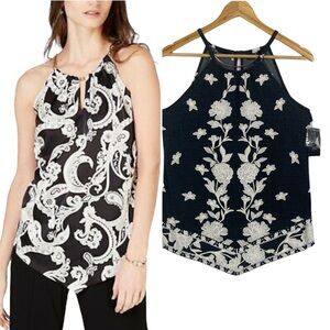 INC International Concepts Floral Falls  Printed Hanky-Hem Halter Top Black S